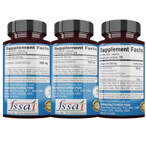 Stay-Well Naturals - Suplemento de Suporte, Nattokinase 2000 FU 100mg, Bromelina 500mg, Curcumina 500mg, Fornecimento de 60 Dias, Protocolo Completo de Nattokinase Bromelina Curcumina (Conjunto de 3 Frascos)