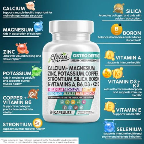 Clean Nutraceuticals - Suplemento de Cálcio Magnésio Zinco com Potássio, Cobre, Estrôncio, Sílica, Vitamina D3 K2, Boro, Vitamina B1 B12 Erva de Trevo Vermelho Alfafa Manjericão Cápsulas para Homens e Mulheres Limpo