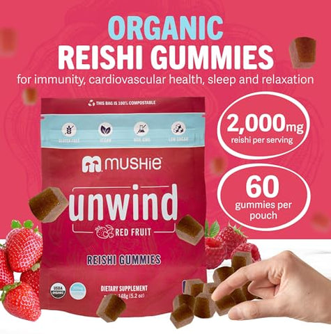 mushie - Mushie Gummies Orgânicos de Reishi – 60 Gummies, 2000mg de Cogumelos Reishi – Estresse, Relaxamento, Sono, Saúde Cardiovascular e Imunidade com Vitamina D – Vitaminas Veganas e Livres de Glúten