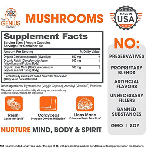 Complexo de Cogumelo Genius – Suplemento Cerebral Nootrópico para Foco e Energia Natural – Cordyceps e Reishi – 60 cápsulas - The Genius Brand