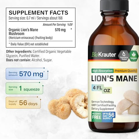 BIO KRAUTER - Extrato Líquido de Cogumelo do Leão – Suporte Cerebral – Tintura de Extrato de Cogumelo do Leão – 118 ml