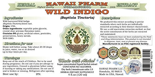 Wild Indigo Extrato Líquido Sem Álcool, Raiz Seca de Wild Indigo (Baptisia Tinctoria) Glicerito de Ervas Naturais, Hawaii Pharm, EUA 118 ml