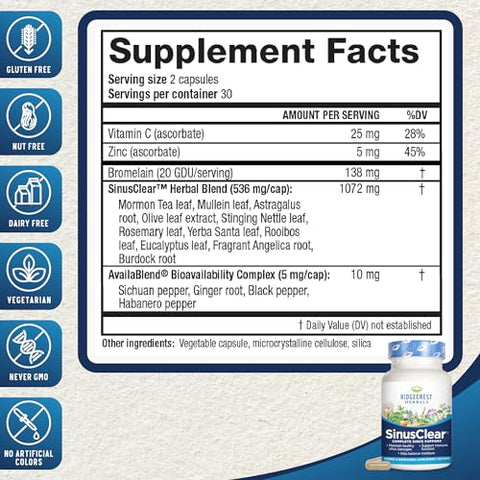 SinusClear: Fórmula Completa para Saúde Sinusal e Nasal com Folha de Mullein, Bromelina, Vitamina C e Zinco, para Mucos Saudáveis e Imunidade - RidgeCrest Herbals