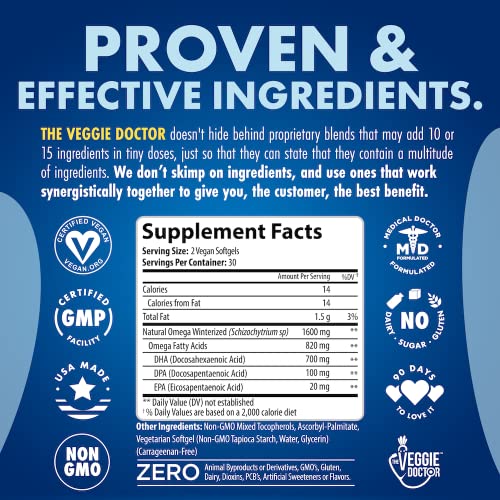 The Veggie Doctor - Suplemento Ômega 3 Vegano – Alternativa ao Óleo de Peixe Ômega 3 – Livre de Carragena – Suplementos de Ácidos Graxos Ômega 3 à Base de Algas – DHA, EPA, DPA – Coração, Cérebro, Articulações, Olhos, Imunidade