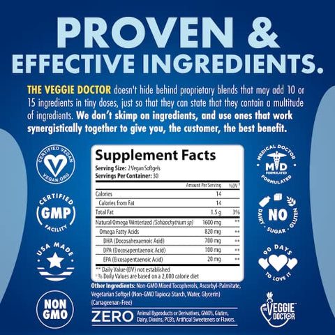 The Veggie Doctor - Suplemento Ômega 3 Vegano – Alternativa ao Óleo de Peixe Ômega 3 – Livre de Carragena – Suplementos de Ácidos Graxos Ômega 3 à Base de Algas – DHA, EPA, DPA – Coração, Cérebro, Articulações, Olhos, Imunidade