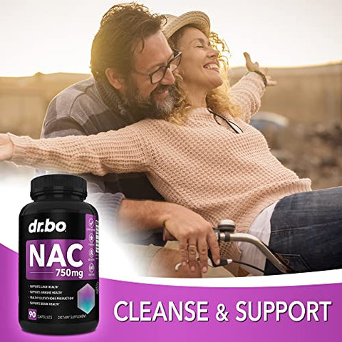 DR. BO - Suplemento NAC Cápsulas de N-Acetil Cisteína – 750mg Cápsula de Vitamina Pura de N-Acetil Cisteína – Fórmula Diária de Suporte ao Fígado para Limpeza Pulmonar, Desintoxicação Renal, Cérebro
