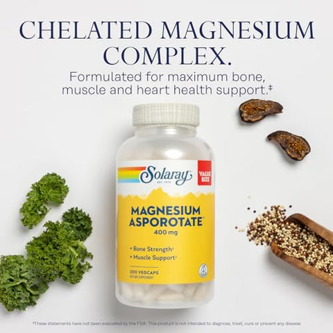 SOLARAY - Solaray Magnesium Asporotate 400 mg – Suplemento de Magnésio Quelato para Saúde Óssea e Muscular