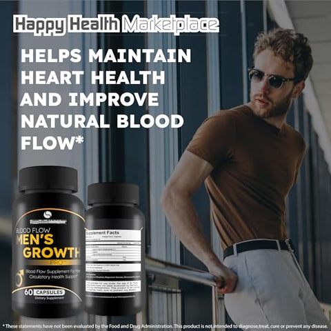 Happy Health Marketplace - Blood Flow Mens Growth Pro – Melhor Suplemento para Fluxo Sanguíneo Masculino – Avançado Natural para Fluxo Sanguíneo – Suplementos para Circulação Sanguínea Masculina – Melhores Comprimidos para Fluxo Sanguíneo – Ajuda