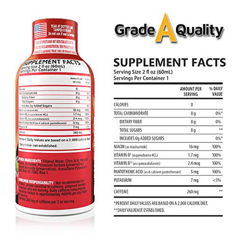 Grade A Quality - Vitamin Energy Shots Sabor Frutas Vermelhas, Até 7 Horas de Energia, 57 ml, 48 Unidades