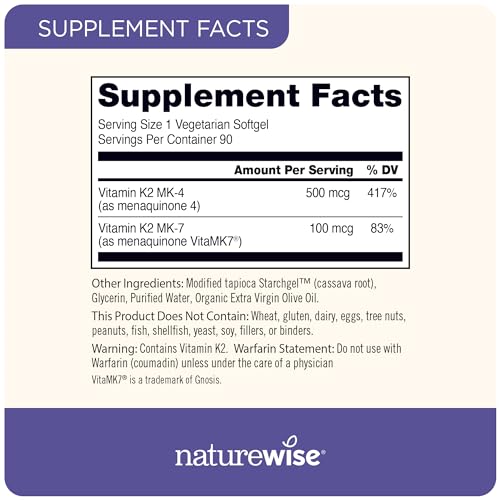 Vitamina K2 MK-7 100mcg e MK-4 500mcg – Fórmula Bioativa Aprimorada – Suplemento Complexo K para Saúde Óssea e Cardíaca – Vegano, Sem Glúten, Não-OGM – 180 cápsulas - NatureWise