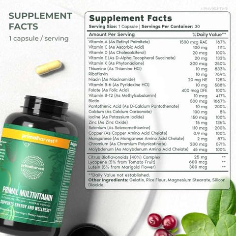 2 Pack – Multivitamínico para Mulheres e Homens – Vitaminas A, C, D e E – B12, B6, Biotina, Zinco – 30 Cápsulas - Primal Harvest