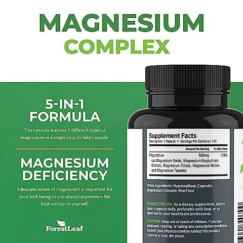 Magnesium Complex 500mg – Cápsulas de Magnésio 500mg – Suplemento de Magnésio 500mg – Para Dormir, Para Constipação – Suplemento de Magnésio para Mulheres - ForestLeaf