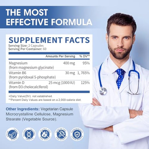 ORGEUOS - Cápsulas de Magnésio Glicinato, Alta Absorção de Magnésio Glicinato 400mg com Vitamina B6