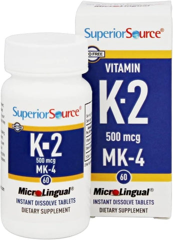 Vitamina K2 MK-4 (Menaquinona-4), 500 mcg, Comprimidos MicroLingual de Dissolução Rápida, 60 Unidades, Ossos e Artérias Saudáveis, Imunidade - Superior Source