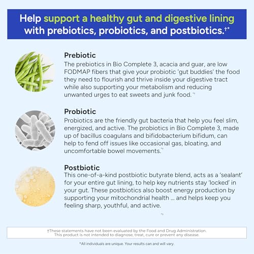 Bio Complete 3: Probióticos 3 em 1 para Saúde Intestinal, Suplementos Probióticos para Digestão, Suporte para Inchaço, Gases, Desejos Alimentares, Níveis de Energia, Pele e - Gundry MD