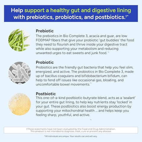 Bio Complete 3: Probióticos 3 em 1 para Saúde Intestinal, Suplementos Probióticos para Digestão, Suporte para Inchaço, Gases, Desejos Alimentares, Níveis de Energia, Pele e - Gundry MD