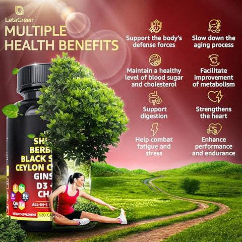 LetaGreen - Cápsulas de Shilajit Puro do Himalaia – Suplemento de Shilajit Puro com Ácido Fúlvico All-in-1 (Pacote com 2) – Berberina com Canela do Ceilão, Óleo de Semente Negra e Complexo de Ginseng