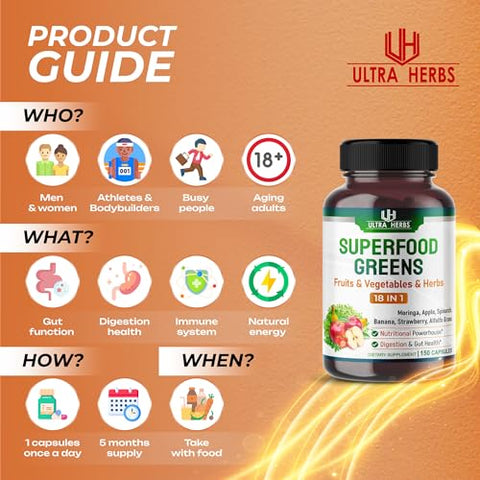 ULTRA HERBS - Superfood Greens 18 IN 1 – 18,100mg com Frutas | Potência de 18 Super Alimentos | Marca: Superfood Greens
