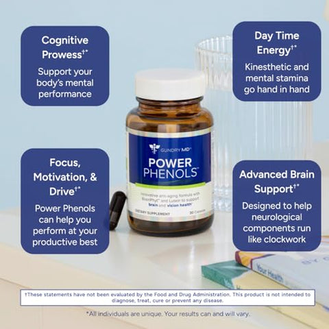 Power Phenols – Suplemento para Saúde Cerebral: Cognição, Foco, Motivação, Produtividade e Energia – (30 Porções) - Gundry MD