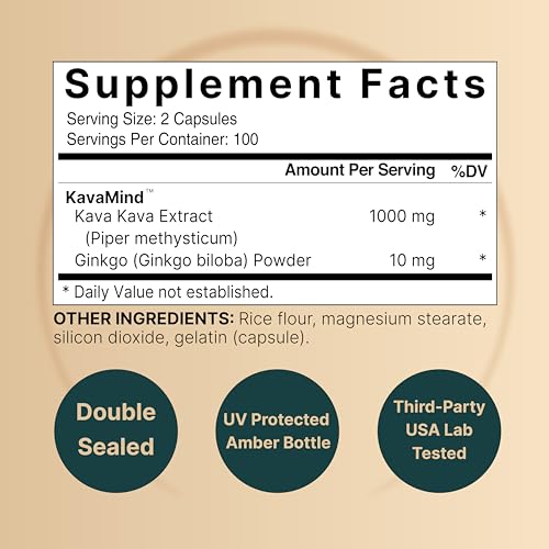 Cápsulas de Kava Kava 1000mg com Ginkgo Biloba, 200 Unidades | Extrato Nobre de Raiz de Kava com Kavalactonas Ativas – Complexo de Relaxamento KavaMind à Base de Plantas, Não-OGM - NatureBell