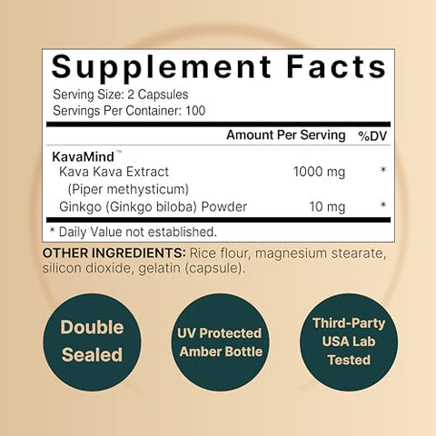 Cápsulas de Kava Kava 1000mg com Ginkgo Biloba, 200 Unidades | Extrato Nobre de Raiz de Kava com Kavalactonas Ativas – Complexo de Relaxamento KavaMind à Base de Plantas, Não-OGM - NatureBell