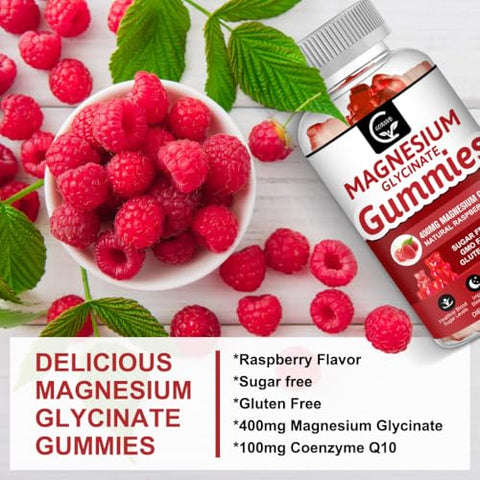 GORNVB - Magnesium Glycinate Gummies 400mg – Suplemento de Magnésio Glicinato em Gomas – Complexo de Magnésio Quelato de Potássio com VitD, B6, CoQ10 – Suporte para Memória, Calma, Humor