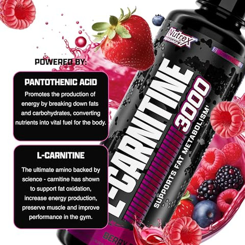 L-Carnitine 3000 (31 Porções, Explosão de Frutas Vermelhas) | Shots Líquidos, Sem Estimulantes | Suporta a Recuperação Muscular Para Homens e Mulheres | Nutrex Research L-Carnitine 3000 – Suplemento para Recuperação Muscular - Nutrex Research