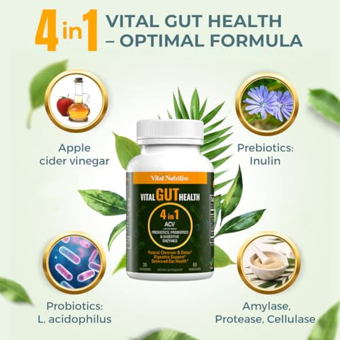 VITAL NUTRITIVE - Fórmula 4 em 1 Vital Gut Health com Vinagre de Maçã e Prebióticos – Saúde Intestinal Essencial