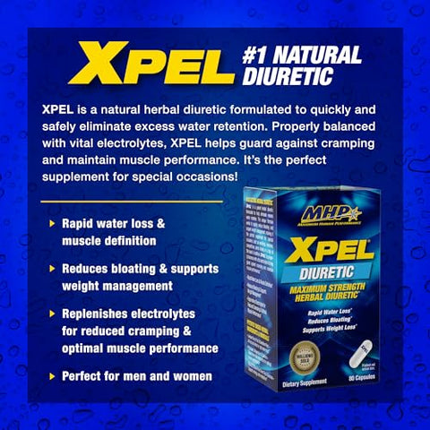 Maximum Human Performance - MHP Xpel: Diurético Máxima Força para Alívio da Retenção de Água, Suporte para Perda de Peso, com Vitamina B-6, Potássio, Raiz de Dente-de-leão, 80 Cápsulas