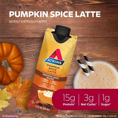 Pumpkin Spice Latte: 15g Proteína, 3g Carboidratos Líquidos, 1g Açúcar, Baixo Índice Glicêmico, Amigo do Keto, 12 Unidades - Atkins