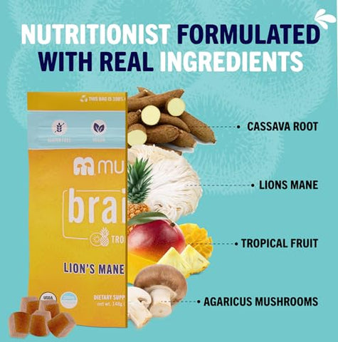 mushie - Mushie Gummies Orgânicos de Lion’s Mane – 60 Gummies, 2000mg de Cogumelos Lion’s Mane – Suporte para Cérebro, Cognição, Estresse, Memória e Imunidade com Vitamina D – Vegano, Sem Glúten