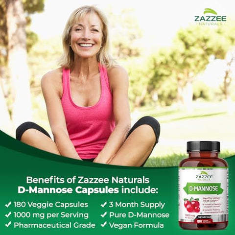D-Mannose 1000 mg por Porção, 180 Cápsulas Veganas, Suprimento de 3 Meses, Potente - Zazzee