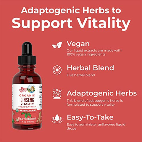 Suplemento Herbal para Função Cerebral | Energia | Memória | Vitalidade USDA | Ginseng com Ashwagandha | Eleuthero e Extrato de Raiz de Maca | 30 ml - MaryRuth Organics
