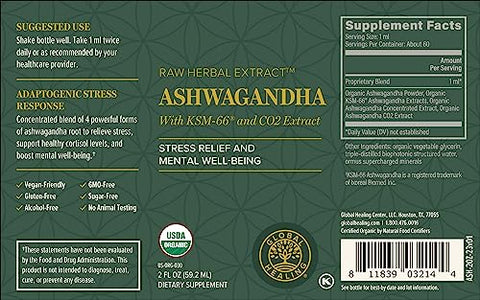 Global Healing Center - Global Healing – Gotas de Suplemento Orgânico de Ashwagandha – KSM-66 Extra Forte para Homens – 60ml