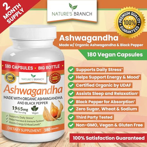 Nature's Branch - Ashwagandha Orgânica Certificada UDAF com Pimenta Preta – 180 Cápsulas – 1965mg Extra Forte para Estresse, Sono, Humor, Tireoide, Concentração, Cabelo, Extrato Puro de Raiz Vegano – Homens