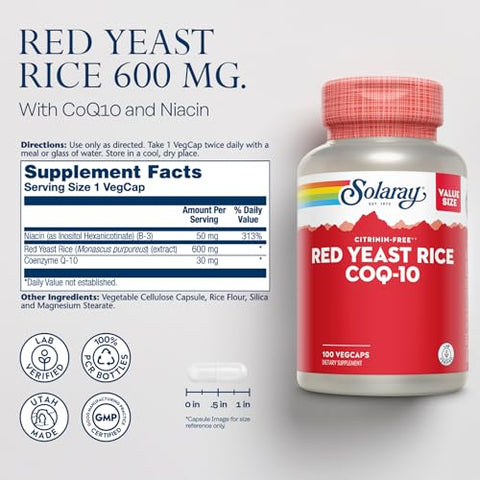 Red Yeast Rice com CoQ10 e Niacina (Vitamina B3) – Arroz Vermelho Não Irradiado com Coenzima Q10 – Livre de Citrinina – Garantia de 60 Dias, Verificado em Laboratório, 100 Porções, 100g - SOLARAY