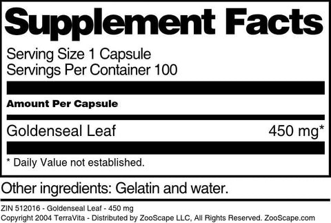Terravita - Folha de Goldenseal – 450 mg (100 Cápsulas) | Marca: Goldenseal