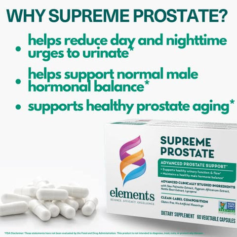 Supreme Prostate – 60 Cápsulas (30 Dias de Suprimento) | Suporte Avançado para Próstata | Promove Fluxo Urinário Saudável | Livre de Glúten - Elements
