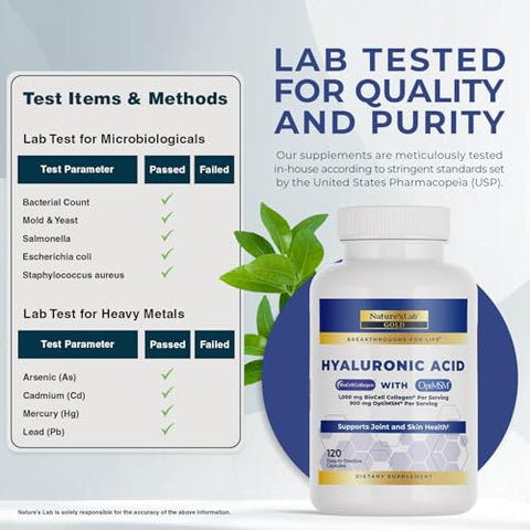 Nature's Lab - Nature’s Lab Ácido Hialurônico com Colágeno Biocell e MSM – Hidratação da Pele, Saúde das Articulações – 120 Cápsulas (40 Dias de Fornecimento)