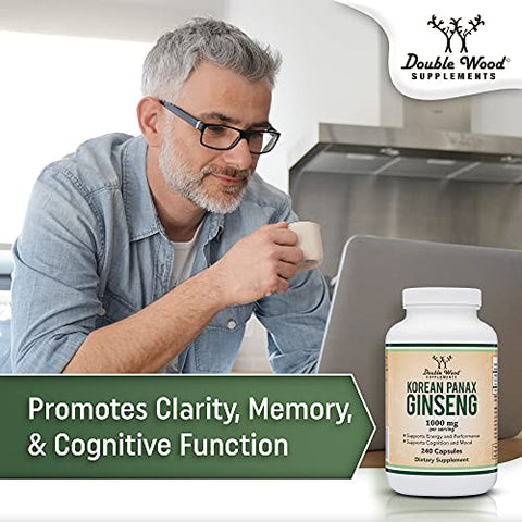 Double Wood Supplements - Cápsulas de Ginseng (Extrato de Ginseng Vermelho Coreano, Panax Ginseng 10%% Ginsenosides) (Fornecimento de 4 Meses) 240 Cápsulas Veganas – 1.000mg por Porção para Humor, Função Cognitiva e Energia