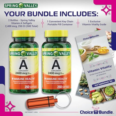 ChoiceBundle - Spring Valley Softgels de Vitamina A, 2400 mcg 2Pk Bundle Escolha (500 Total) Guia de Vitalidade de Vitaminas e Recipiente para Comprimidos (4 Itens)