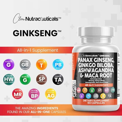 Panax Ginseng 10000mg, Ginkgo Biloba 4000mg, Ashwagandha Maca Root 3000mg – Suplemento para Foco com Extrato de Casca de Pinheiro, Alho e Semente de Saw Palmetto – Mulheres e Homens – 60 Cápsulas - Clean Nutraceuticals