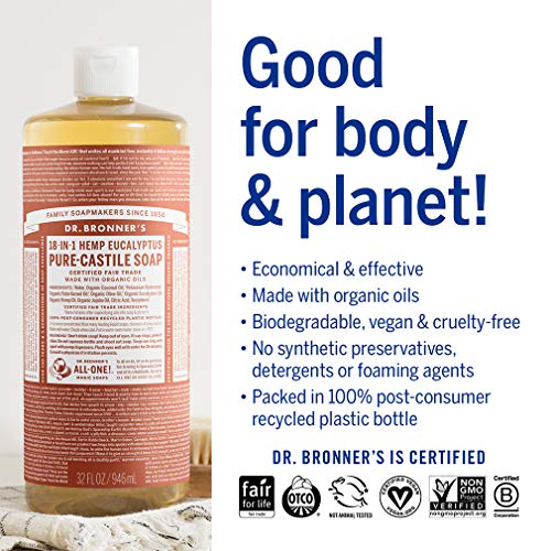 Dr. Bronner's - Dr. Bronner’s – Sabonete Líquido Puro-Castela (Eucalipto, 946 ml, 2-Pack) – Feito com Óleos Orgânicos, 18 Usos: Rosto, Corpo, Cabelo, Lavanderia, Animais de Estimação e Louças, Concentrado, Vegano