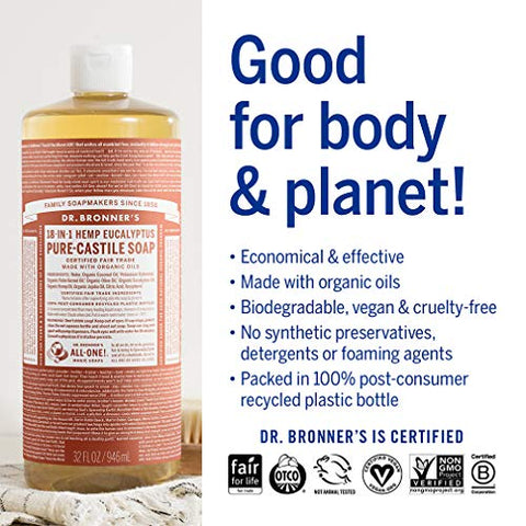 Dr. Bronner's - Dr. Bronner’s – Sabonete Líquido Puro-Castela (Eucalipto, 946 ml, 2-Pack) – Feito com Óleos Orgânicos, 18 Usos: Rosto, Corpo, Cabelo, Lavanderia, Animais de Estimação e Louças, Concentrado, Vegano