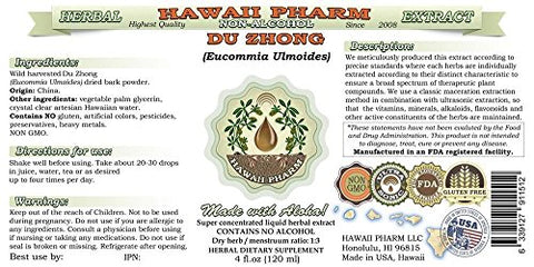 Du Zhong Extrato Líquido Sem Álcool, Du Zhong, Eucommia (Eucommia Ulmoides) Casca Glicerito Hawaii Pharm Herbal Natural 60 ml