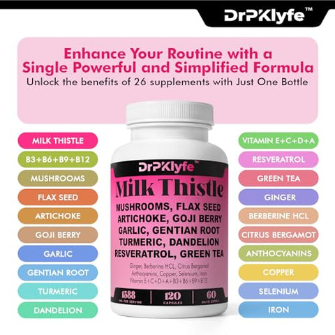 DrPKLyfe - 26 em 1: Leite de Cardo, Dente-de-leão, Alcachofra, Cúrcuma, Resveratrol para Saúde do Fígado