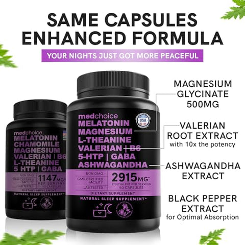 MEDCHOICE - 12 em 1 Cápsulas de Melatonina – 5mg de Melatonina para Auxiliar o Sono Natural de Adultos – 500mg de Magnésio Glicinato, Ashwagandha, L Teanina, Raiz de Valeriana, GABA, 5-HTP – Suplemento para Dormir