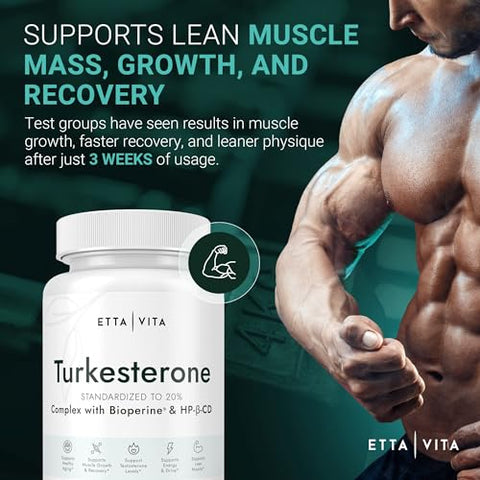 Etta Vita - Potente Suplemento de Turkesterona, 2X Puro (Fabricado nos EUA – Testado por Terceiros) Suporte Natural e Altamente Bioacessível para Testosterona, Energia, Crescimento Muscular Magro, Recuperação e