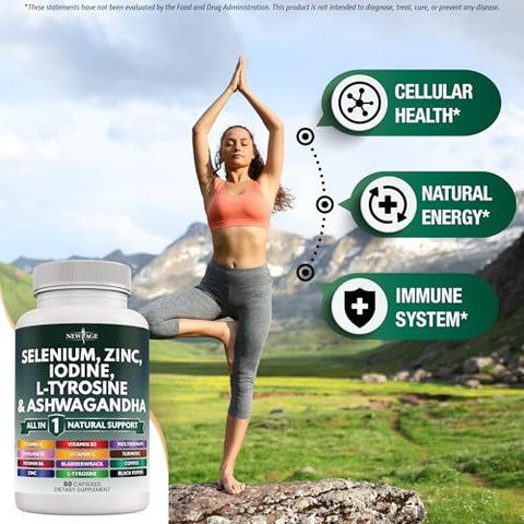 NEW AGE - Selenium 300mcg Zinc 50mg Iodine 500mcg L Tyrosine 500mg Ashwagandha 6000mg – Suporte para Tireoide com Bladderwrack, Cúrcuma, Sílica Kelp, Schisandra – Marca: [Nome da Marca]