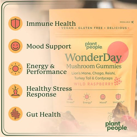 Plant People - Suplemento de Cogumelos Plant People WonderDay – Lion’s Mane, Cordyceps, Chaga para Fortalecer o Sistema Imunológico, Reduzir o Estresse e Melhorar o Humor